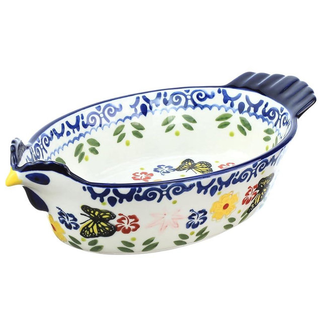 Bicuzat Vintage Butterfly and Flower Pattern Pie Pan, Chicken Shape Ceramic Bakeware Casserole Dish Baking Pan Bakers Lasagna Pans Soup Bowl Baking Dish for Oven to Table-Blue-25 OZ
