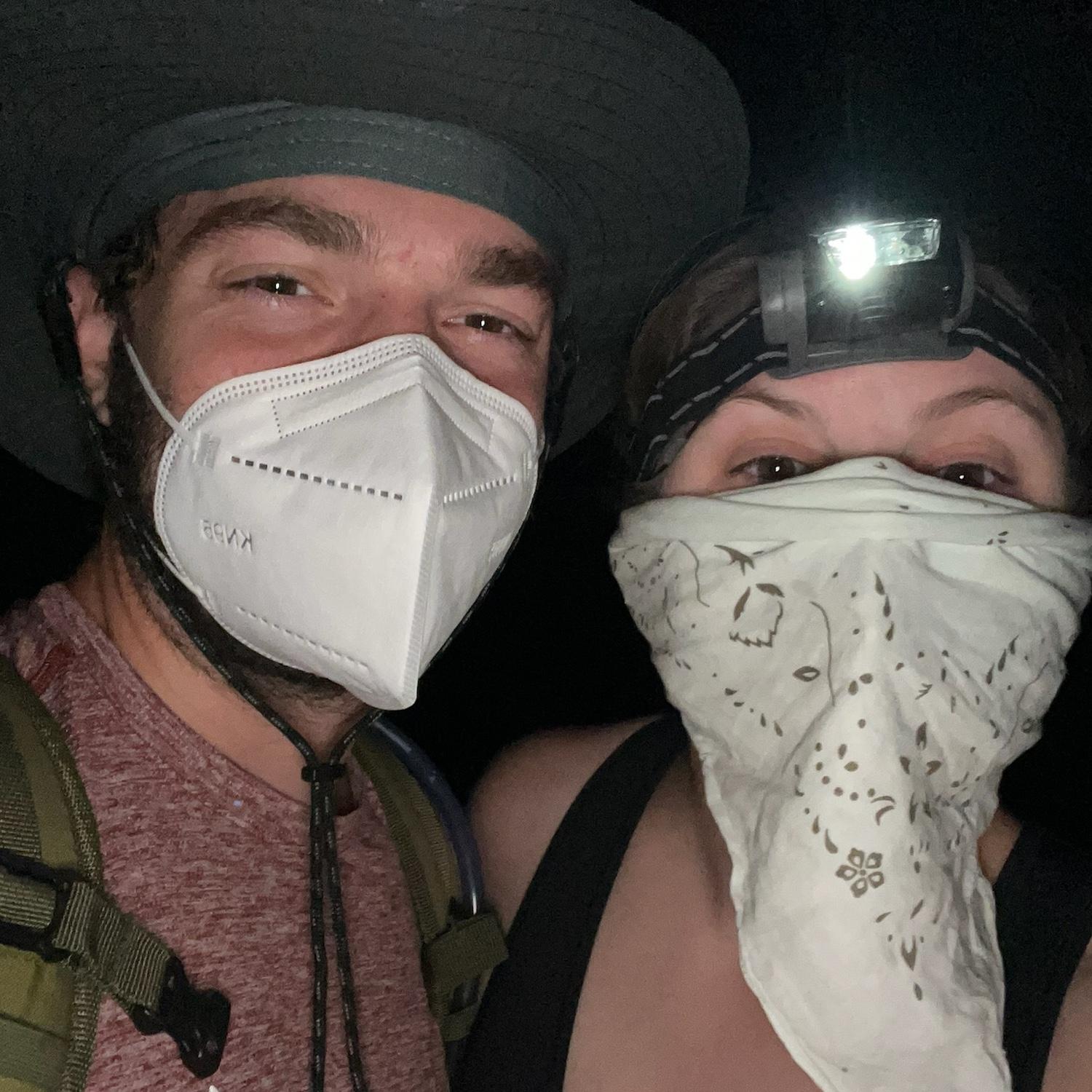 Getting up at 2am to hike Half Dome in Yosemite, Aug 2022. Wearing masks due to the significant smoke from wild fires. Got our permit on a lucky whim a few days prior and hiked 19 miles over 10 hrs