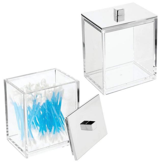 mDesign Modern Square Bathroom Vanity Countertop Storage Organizer Canister Jar for Cotton Swabs, Rounds, Balls, Makeup Sponges, Bath Salts - 2 Pack - Clear/Chrome