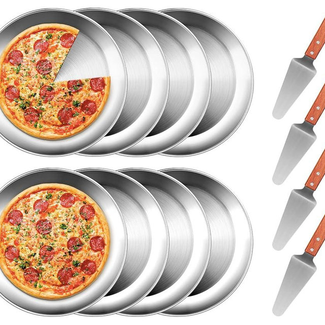 tchrules 12 Inch Pizza Pan Set of 8, Stainless Steel Pizza Tray, Round Non-Stick Coating Pizza Plate for Oven Kitchen Baking Home Restaurant, Dishwasher Safe （Silver）