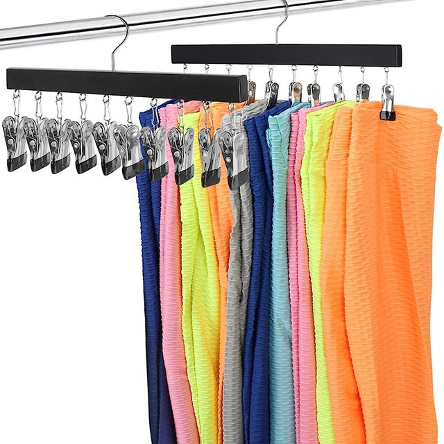Legging Organizer for Closet, ORROENS Wooden Hangers with Clips Holds 20 Leggings/Pants/Jeans, Hanging Closet Organizer w/Rubber Coated, 360°Roatable Hook, Space Saving, 2Pcs Black