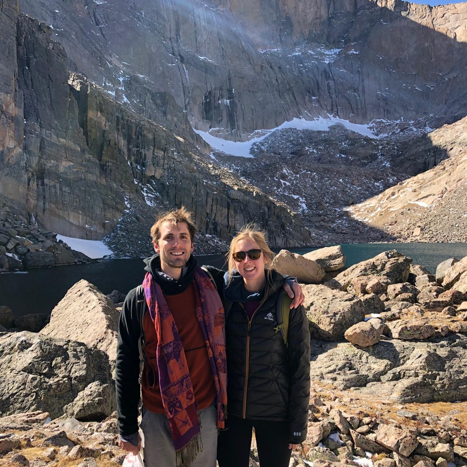 Hiking to Chasm Lake in 2019 (James got in the lake with a dusting of fresh snow on the ground as per usual)