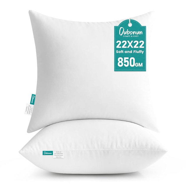 Oubonun 22 x 22 Throw Pillow Inserts - Soft, Plush & Decorative Down Alternative Pillows for Couch Sofa Bed, Machine Washable - White, Pack of 2