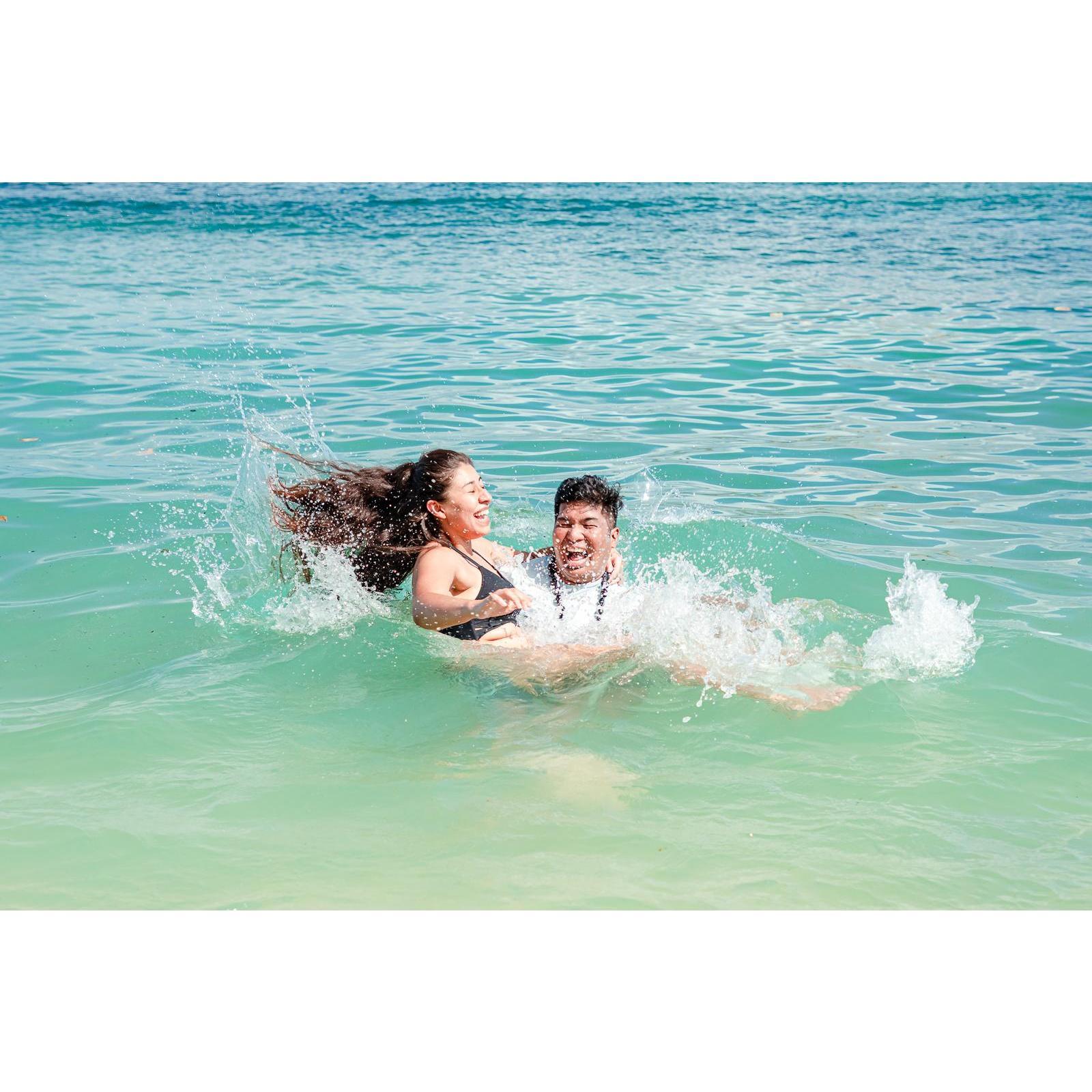 Photographer: Do something fun like fall into the water.
Us: O_o Okay!
