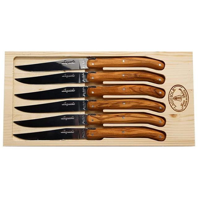 Laguiole Jean Dubost 6 Steak Knives with Rustic Range Olive Wood Handles, MADE IN FRANCE