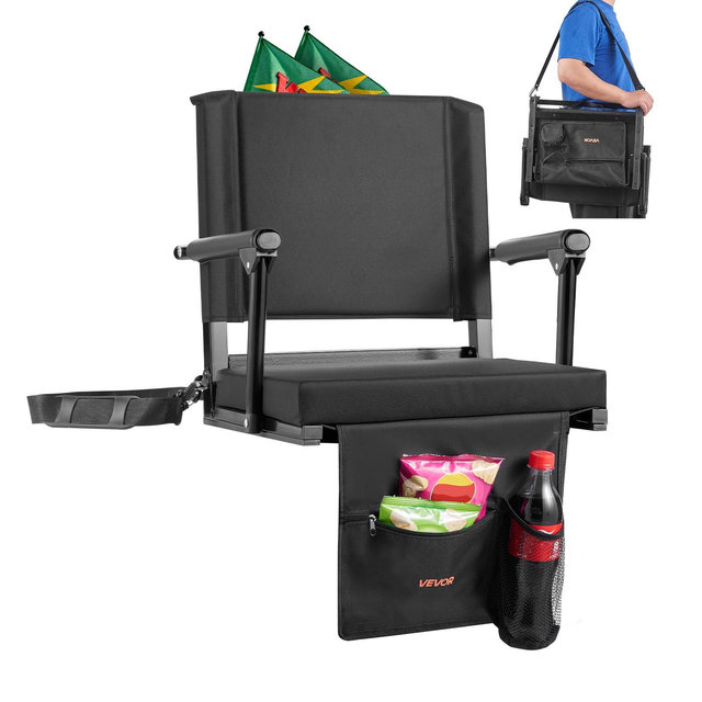 VEVOR Stadium Seat, Portable Bleacher Seat with Armrest, Back Support and Thick Cushion, Bench Chair for Bleacher Includes Shoulder Strap,1PCS, Black