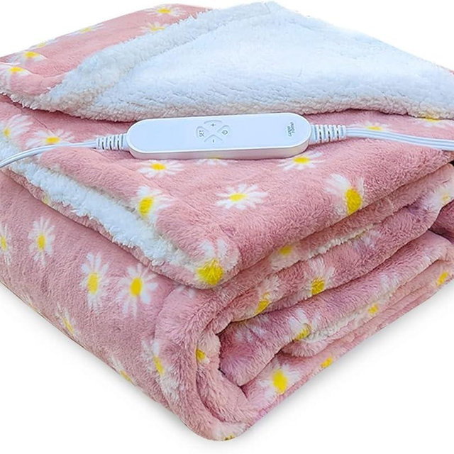 GOQO TOMO Electric Heated Blanket 50" x 60" Throw Blanket with 12 Heating Levels for Home Office Use Pink Flower - F50