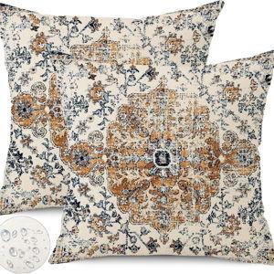 Outdoor Waterproof Pillow Covers - 18x18 Inch Set of 2 Bohemian Vintage Carpet Pattern Pillow Covers with Gold Blue Ethnic Design for Decorative Farmhouse Couch, Garden, Balcony