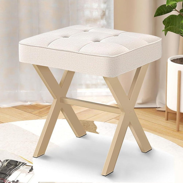 COSTASKF Ottoman Foot Stool,Upholstered Cushion Vanity Stool with Matte Sand Metal X-Leg,Small Make up Stool for Vanity,18 Inch Leather Foot Stool, Square Makeup Stool for Bedroom,Living Room, Flaxen