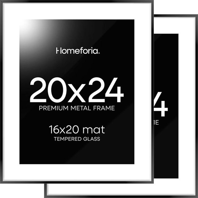 Homeforia 20x24 Picture Frame Black, High End Metal 20x24 Frame Matted to 16x20 Print, 20 x 24 Black Poster Frames with Mat 16 by 20 inch Photo, 24x20 Hanging Frame, Tempered Glass, Wall Kit, Set of 2