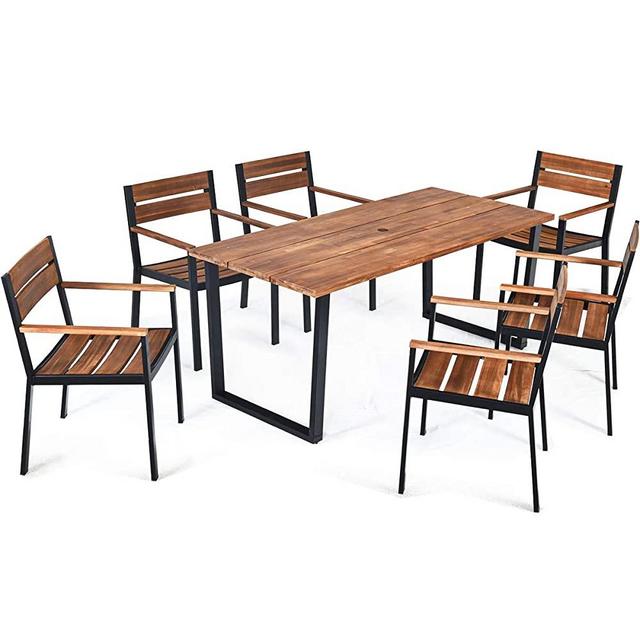 Tangkula 7PCS Outdoor Dining Set, Patio Dining Furniture Set with Sturdy Steel Frame, Large Rectangle Dining Table w/Acacia Wood Top & Umbrella Hole, 6 Ergonomic Chairs for Backyard Garden Outdoor