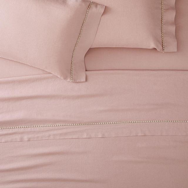 European Flax Linen Pom Pom Sheet Set, Queen, Adobe Rose