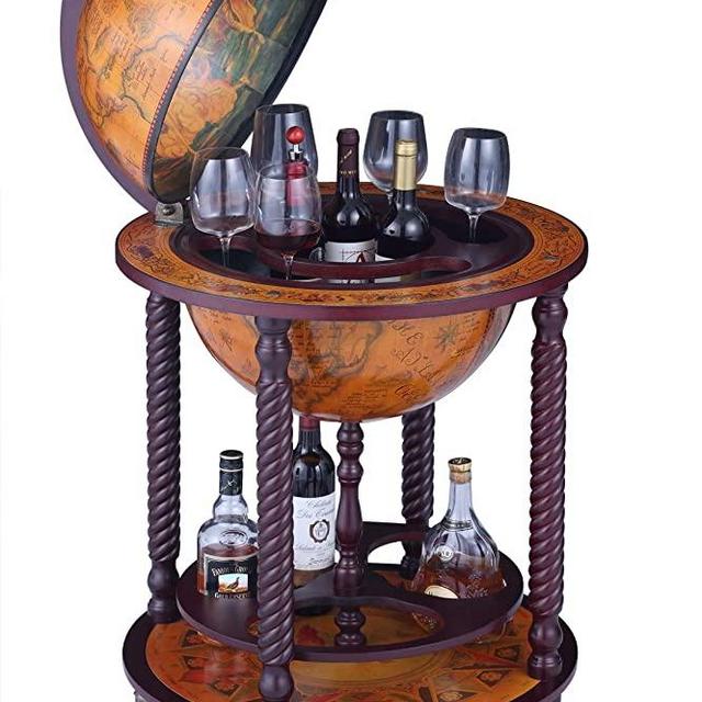 VIDAR 17.7" Globe Wine Bar Stand Sepia Vertical Four-Legged Hemp Sixteenth-Century Italian Replica Style Globe Bar Cart Cabinet on Wheels, 40" Wine Cabinet