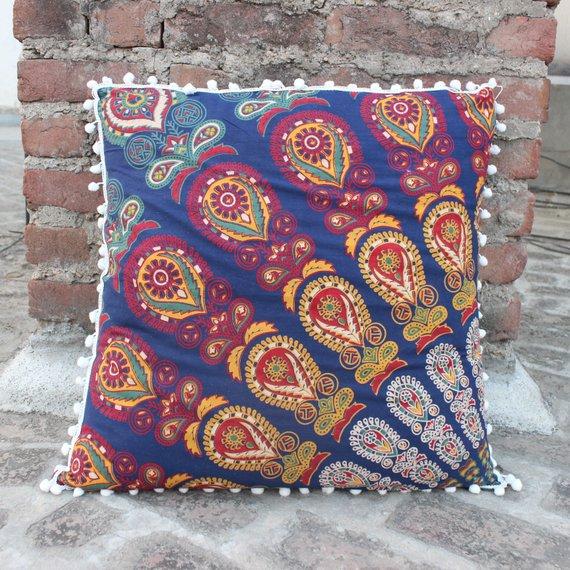 24 x 24 pom pom Blue pillow cover cotton mandala pillow cover ethnic cushions pillow boho throw pillow decorative pillow farmhouse pillow
