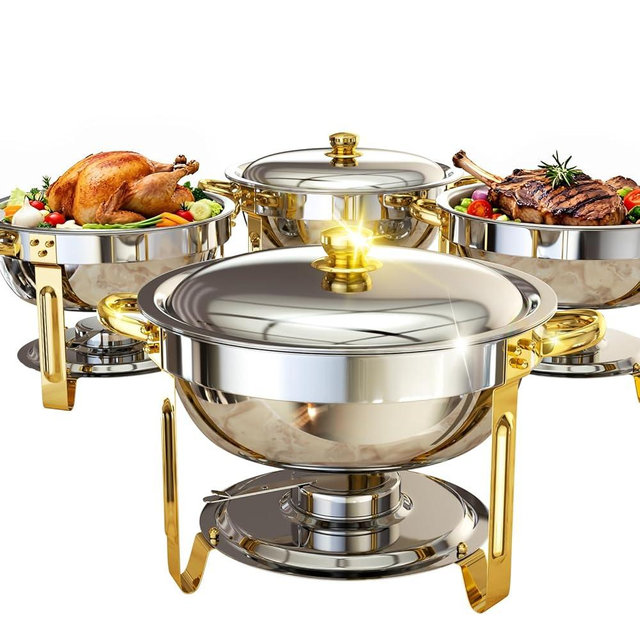 Chafing Dishes for Buffet, 4 Pack 6QT Round Chafing Dish Buffet Set [Elegant Gold and Silver Colors] Stainless Steel Buffet Servers and Warmers for Catering Events Parties Dinners with Complete Set