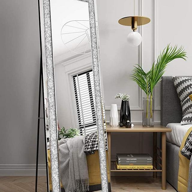 MUAUSU Full Length Floor Mirror - Luxury Crystal Surround Full Body Mirror with Standing & Hanging