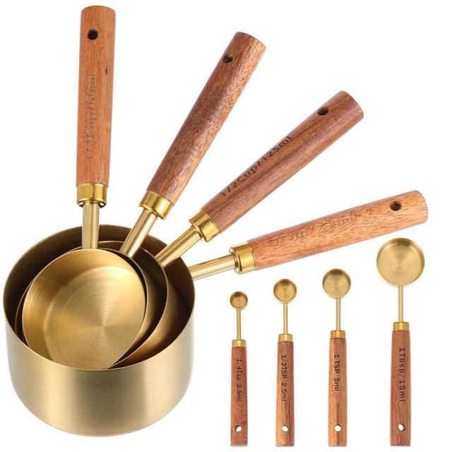 Stainless Steel Measuring Cups Set and Measuring Spoons Wooden Handle Metal Measure Cups and Spoons for Cooking and Baking, Gold, 8 Piece