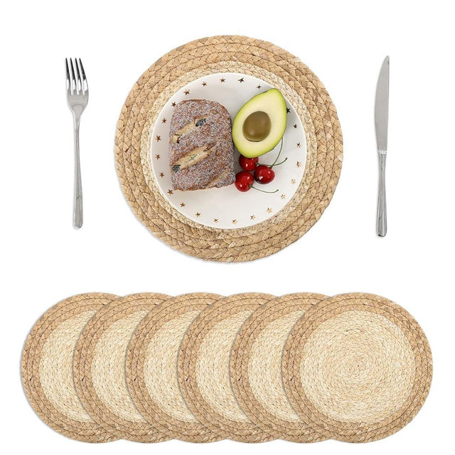 SHACOS 12 inch Round Woven Placemats Set of 6 Natural Corn Husk Water Hyacinth Place Mats Handmade Boho Braided Straw Rattan Table Mats Plate Chargers for Home Wedding Party Table Decor