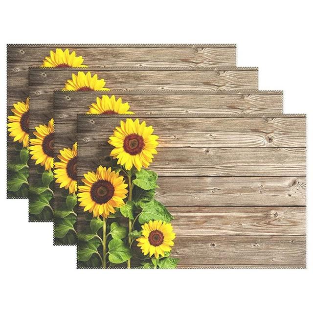 Wamika Beautiful Sunflowers Placemats Set of 4 Wood Board Florals Table Mats Spring Summer Autunm Place Mats for Kitchen Dining Decor Heat Resistant Non-Slip Washable 12 X 18 in