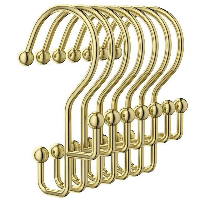 Goowin Shower Curtain Hooks, Gold Shower Curtain Hooks Rust Proof, Anti-Drop Metal Shower Curtain Rings Hooks, Double Shower Hooks for Shower Curtain, Shower Rings for Curtain & Liner, Gold-12 Pcs