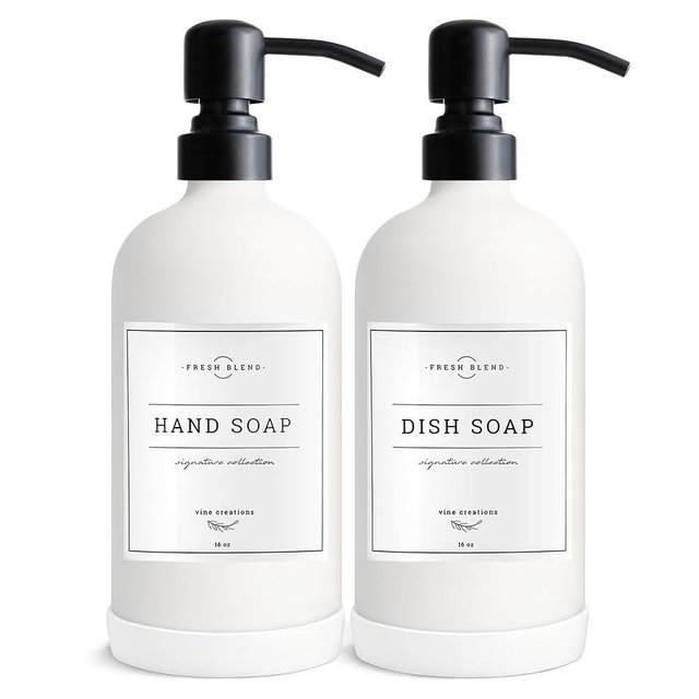 Vine Creations White Glass Soap Dispenser, 2 Pack Kitchen Soap Dispenser Set with Stainless Steel Pump, 16 oz Dish Soap and Hand Soap Dispensers for Bathroom with Waterproof Labels