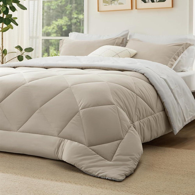Bedsure Beige and White Queen Comforter Set - 7 Pieces Reversible Queen Bed in a Bag, Queen Bed Set Beige and White with Comforters, Sheets, Pillowcases & Shams