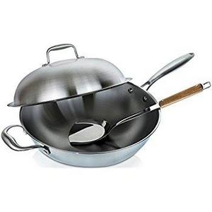 Stainless Steel Wok Pan with Lid - 13 inch Stir Fry Pan with Bonus Bamboo Handle Spatula - Designed with Long Handle To Keep Hands Safe - Our Woks Have A Thick 2 mm Design That Is Tough and Oven Safe