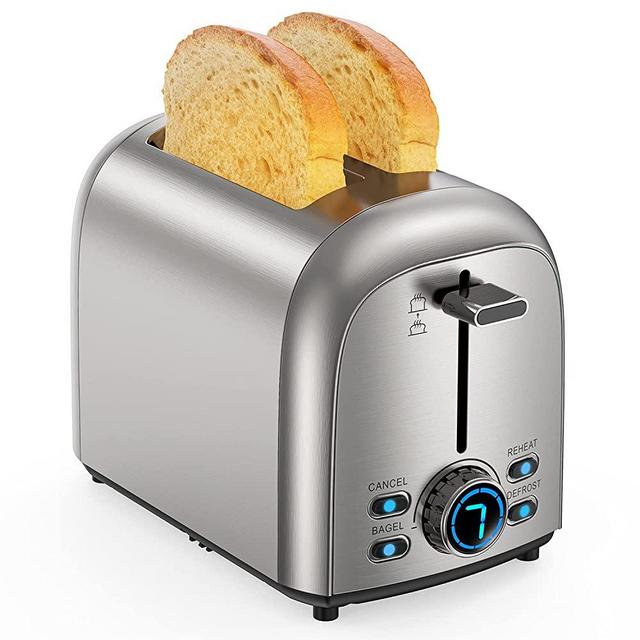 Toaster 2 Slice , Upgraded Stainless Steel Toaster, Extra Wide Slot Bread Toaster with Bagel Defrost Reheat Cancel Function , 7 Browning Settings, LED Display, 850W 120V