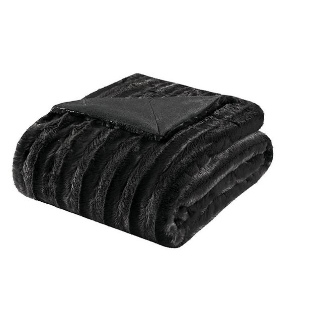 Madison Park Duke Luxury Long Faux Fur Throw Premium Soft Cozy Brushed Long Fur For Bed, Coach or Sofa, 50x60", Black