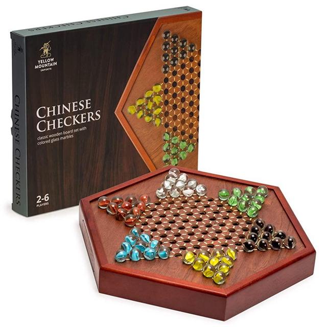 Yellow Mountain Imports 12.7-Inch Wooden Chinese Checkers Board Game Set with Drawers and Colorful Glass Marbles