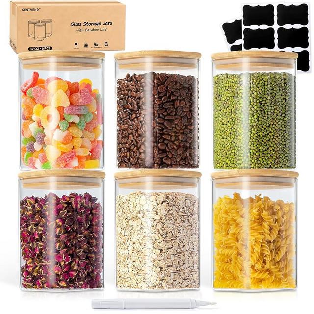 SENTVEND 37 Oz Glass Storage Jars with Bamboo Lids - 6 Pack Clear Glass Canisters Square Airtight Stackable Ideal for Pantry Storage Containers Organizers Great for Storing Oats Coffee Beans Nuts etc