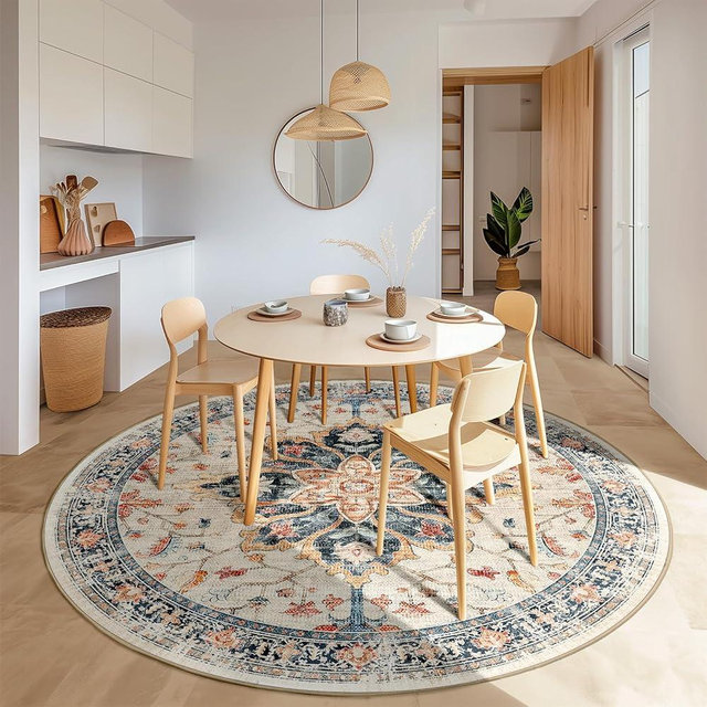 RELEANY 8ft Round Rug, Area Rugs 8ft, Washable Rug, Non-Slip, Rugs for Living Room, Rugs for Bedroom, Circle Rug, Vintage Rugs Boho Floral Medallion, Low Pile, Soft, Beige Dark Blue Navy Red