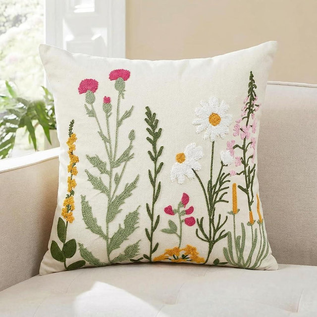 AVOIN colorlife Spring Summer Floral Daisy Embroidered Throw Pillow Cover, 18 x 18 Inch Colorful Flowers Decorative Tufted Patterned Linen Cushion Case for Sofa Couch