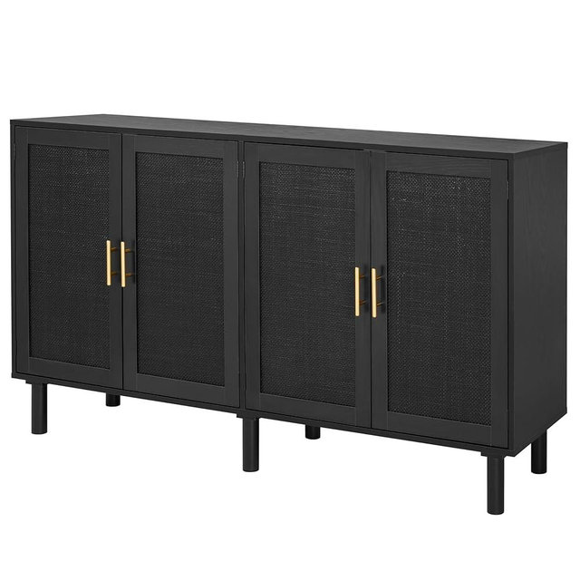 Finnhomy 4 Door Sideboard Buffet Cabinet, Kitchen Storage Cabinet with Black Painted Rattan Decorated Doors, Cupboard Console Table, Boho Accent Liquor Cabinet, 62.3X 15.7X 34.6 Inches, Full Black