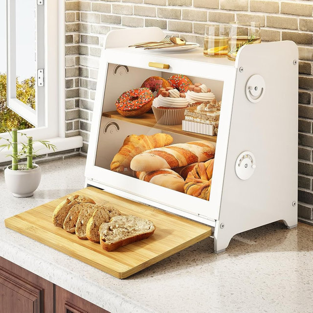 SNTD Bread Box for Kitchen Countertop, Airtight Homemade Bread Storage Container with Adjustable Vent Holes, Bamboo Cutting Board (White, L)