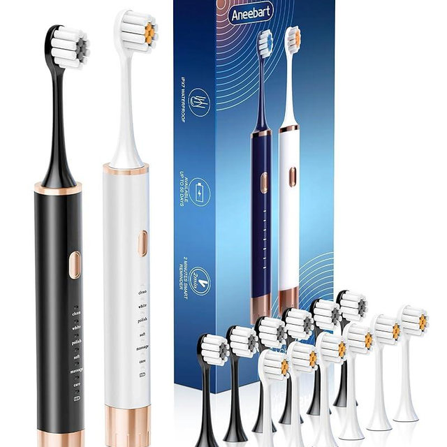 Aneebart Sonic 2 Pack Electric Toothbrush for Adults and Kids, Travel Toothbrush Includes 12 Replacement Toothbrush Heads, 6 Modes with 2 MIN Smart Timer (Black White)