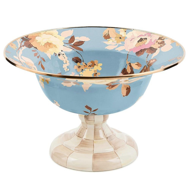 MACKENZIE-CHILDS Enamel Compote, Pedestal Serving Dish or Decorative Bowl, Large, Wild Rose Slate