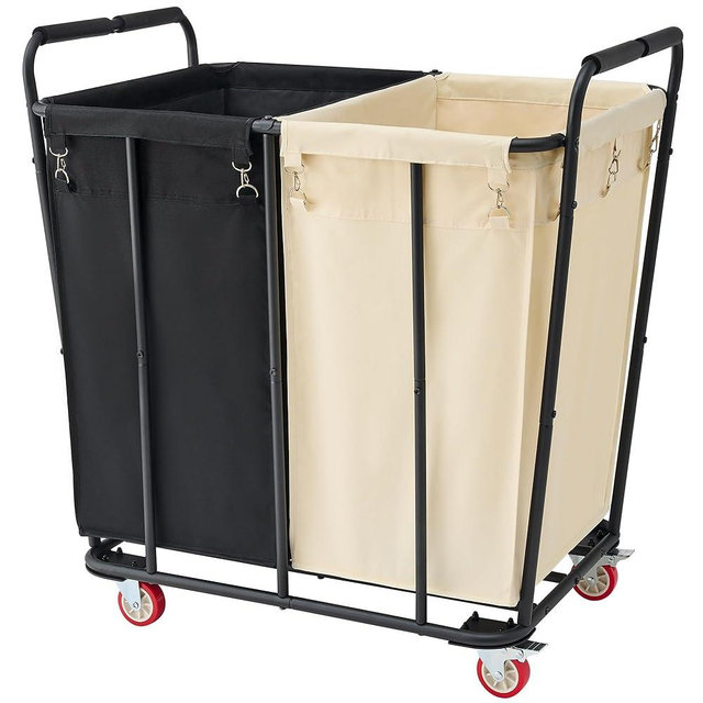Hoctieon 2 Section Laundry Sorter Cart, 400L Rolling Laundry Hamper with Wheels, Extra Large Laundry Basket for Home & Hotel, Industrial Laundry Cart, Heavy Duty, Black&Beige