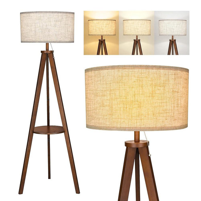 ELYONA Solid Wood Tripod Floor Lamp 3 Color Temperatures LED Blub Tall Standing Light with Table Mid Century Modern Corner Reading Floor Lamp for Living Room Bedroom Office Pull Chain Controls Brown
