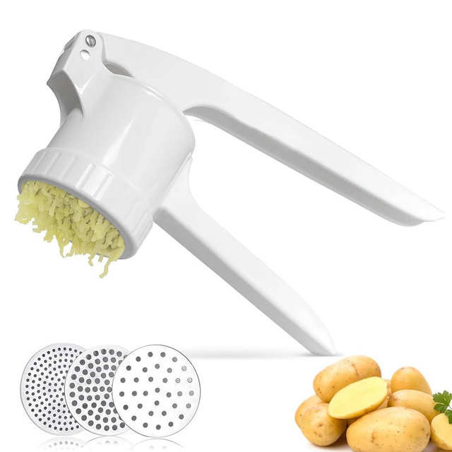 LHS Potato Ricer, Potato Masher for Potatoes with 3 Interchangeable Discs, Large Capacity Potato Masher and Ricer Kitchen Tool for Fruit, Vegetables, Baby Food, White