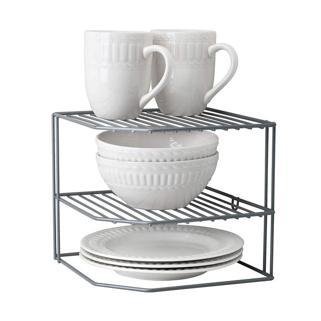 Kitchen Details Corner Shelf Organizer | Cabinet & Countertop Storage | Plates | Cups | Bowls | Grey