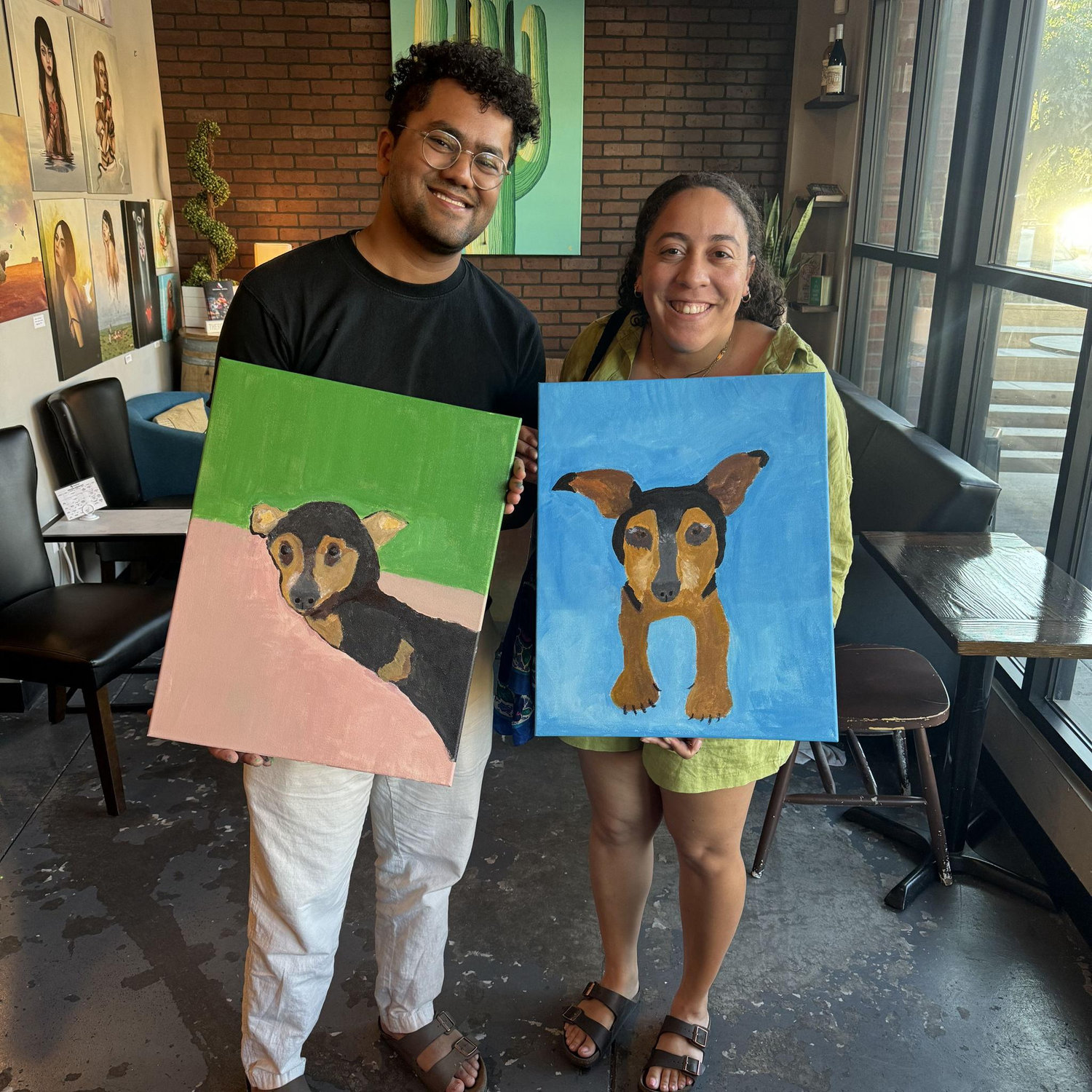 Our paintings of our son, Adam in a paint + sip class