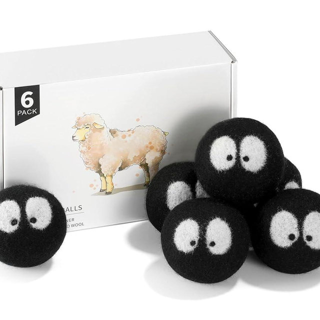 Wool Dryer Balls 6 Pack, Natural Fabric Softener, Dryer Balls Laundry Reusable, Reduces Clothing Wrinkles and Saves Drying Time (Black)
