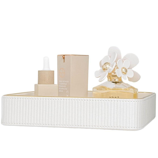 ZHEM Perfume Tray | Nightstand Decor Nightstand Organizer Bedside Organizer | Vanity Tray White and Gold Room Decor | Small Tray Decorative Leather Tray Square Tray | Key Bowl for Entryway 8x8 inches