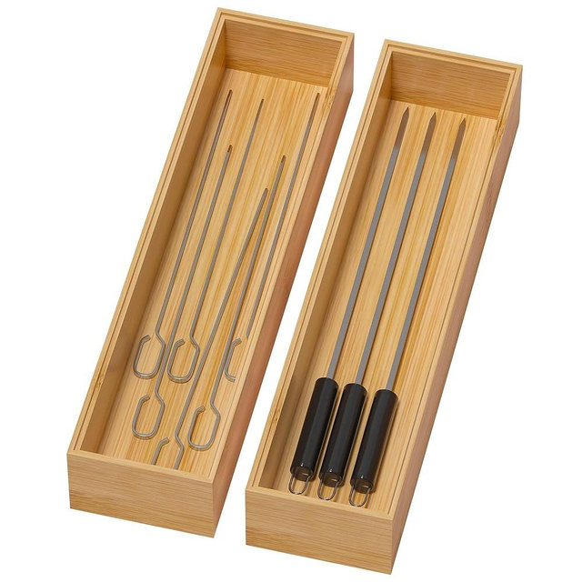 Lixple Bamboo Drawer Organizer, Narrow Silverware Organizer for Kitchen, Stackable Cutlery Drawer Organizer, 2 Pcs Utensil Organizer, Wood Storage Box Tray (Bamboo, 12 X 3 X 2 Inch)