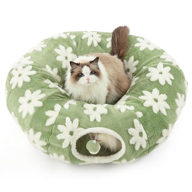Lesure Cat Tunnel Bed for Indoor Cats - Cute Cat Donut Tunnel Toys with Washable Circle Cushion, Round Pet Peekaboo Cave Toy for Kitten/Puppy/Rabbit, Green