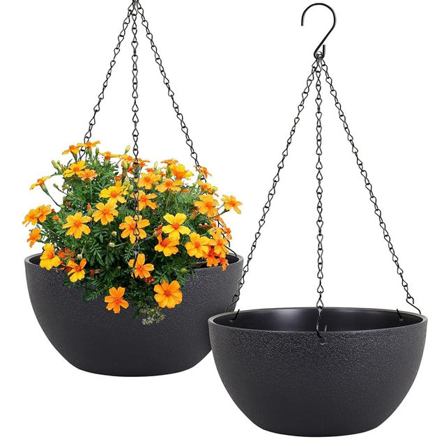 Meowell 12 inch Large Hanging Planters for Indoor Outdoor Plants, 2 Pack Hanging Flower Pots with Drainage Holes and Chain for Garden Porch Plants, Plastic Hanging Baskets for House Plants, Black