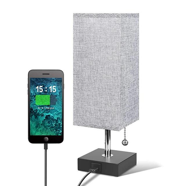 Nightstand Lamp, Seealle Bedside Lamp with USB Port, Convenient Pull Chain Grey Lamp for Bedrooms Living Rooms Study Rooms, Modern Grey Table Desk Lamp for Nightstand with Wood Base