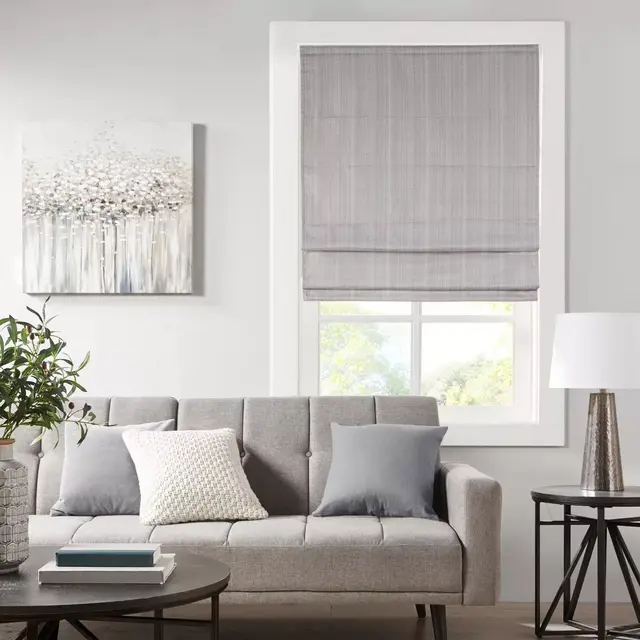 Madison Park Galen 33-Inch x 64-Inch Basketweave Room Darkening Cordless Roman Shade in Grey