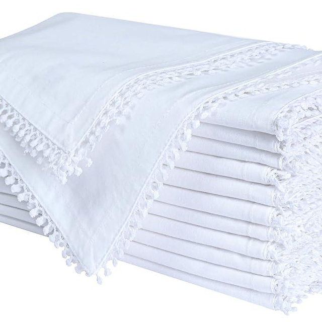 Bedding Craft Cotton Cloth Dinner Napkins Set of 12 – 18x18 Smart White with Decorative Lace Selvedge – Elegant Machine Washable Fabric Napkins for Weddings, Parties, Baby Showers & Table Décor